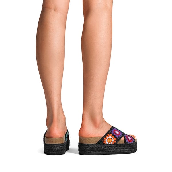 Raffia Flatform Flat Sandals - BLACK MULTI - 2